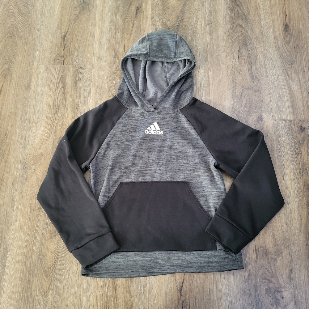 Adidas Boys Pullover Hoodie Size 8 Gray Black Athletic Sporty